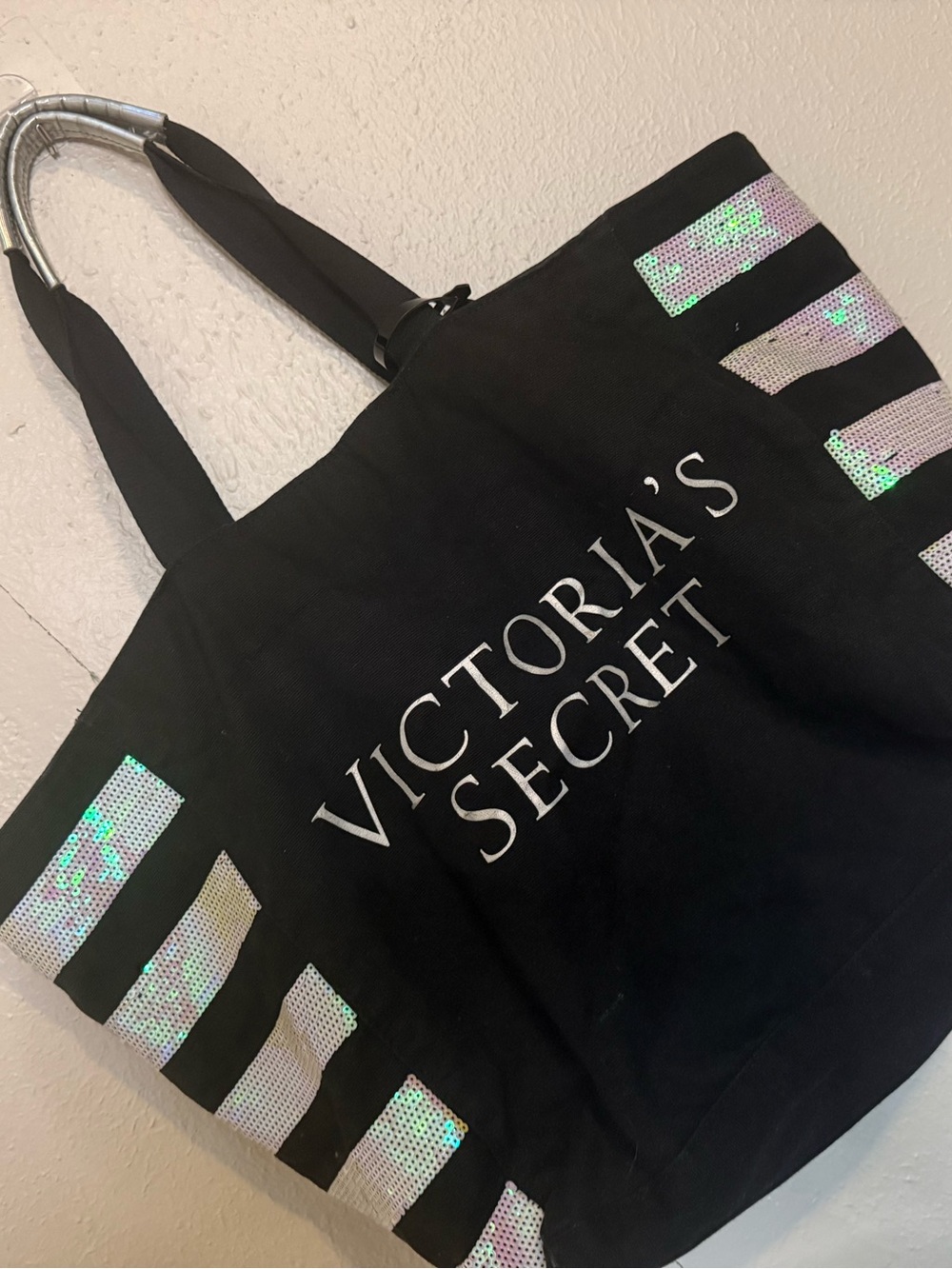 Victoria's Secret Black Tote with Iridescent Sequin Stripes we are all angels